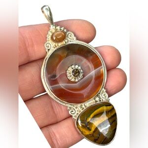 RARE  Sajen 925 Sterling silver  pendant Tiger eye jasper  statement pendant